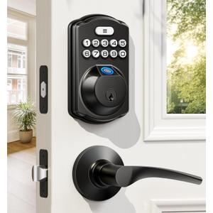 Veise Fingerprint Door Lock with 2 Lever Handles - Keyless Entry Door Lock, Electronic Keypad Deadbolt, Digital Smart Code & Front Handle Sets, Auto-Locking, Easy Installation, Matte Black