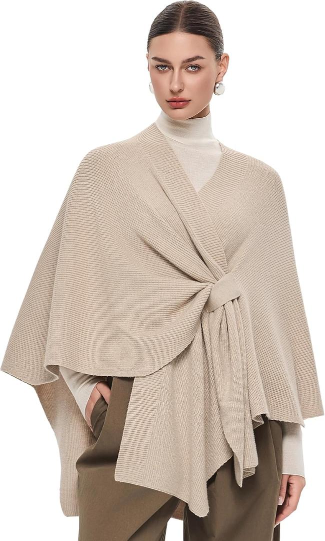 PULI Women's Elegant Shawl Wraps Soft Open Front Poncho Sweater for Spring Fall Winter (Ribbed-barley Twist), One Size