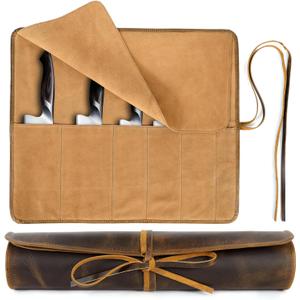 ELIZO Leather Knife Roll Bag Professional Chef Knife Case, Durable Sheath Holder, Cooks & Culinary Tools Carrying Storage, Portable Wrap - 6 Slots