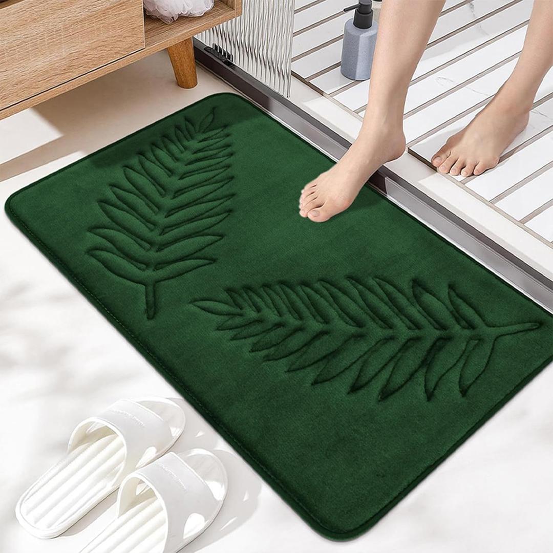 Memory Foam Bathroom Rugs, Ultra Soft and Absorbent Leaf Bath Mat, Cozy Flannel Velvet Washable Bathroom Mat 24" x 16" Green
