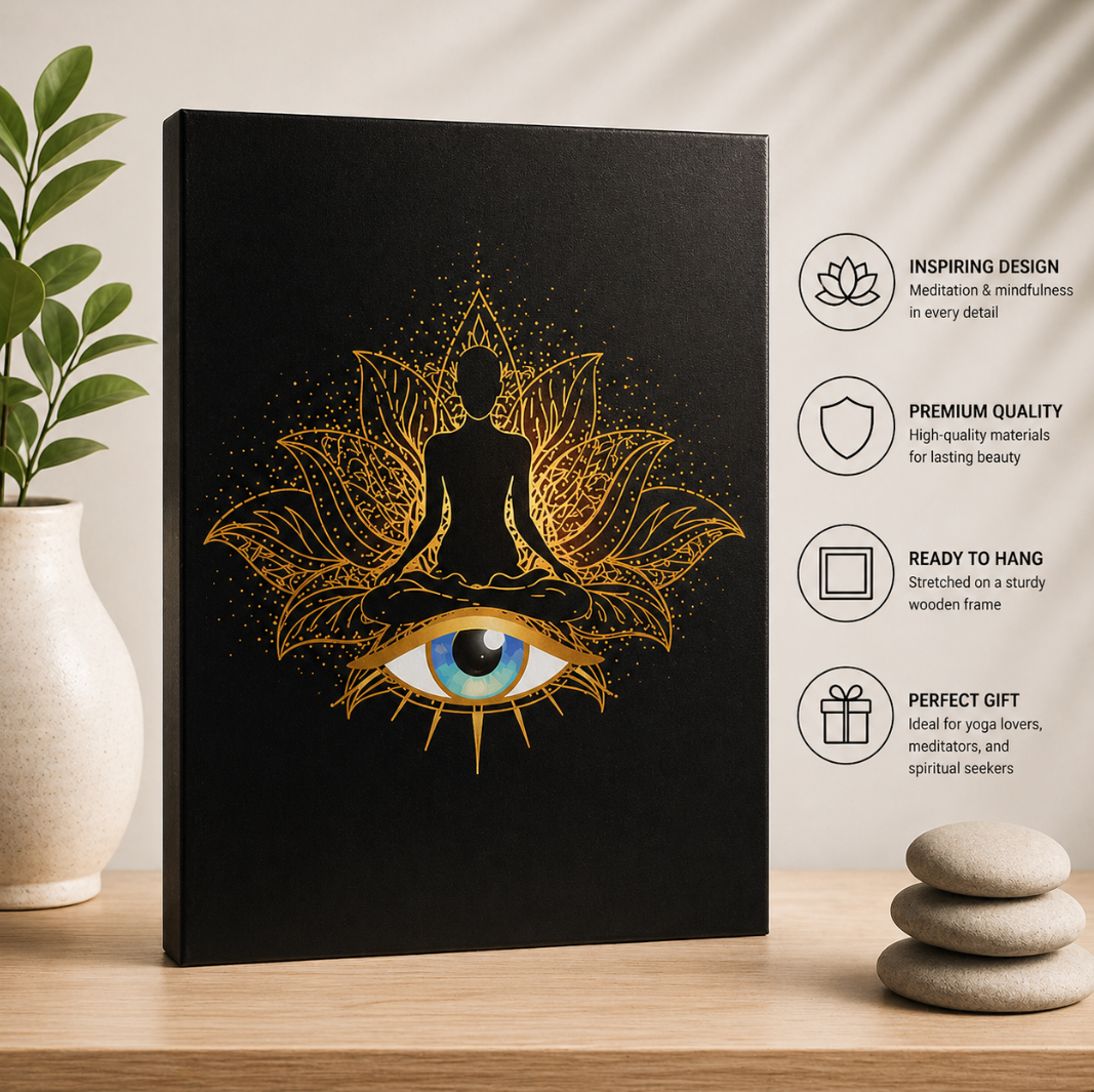 Framed Yoga Meditation Canvas Wall Art Spiritual Lotus Flower Print Picture with Eye Zen Mindfulness Painting spiritual Energy Poster for Living Room Bedroom Office Décor 16x24 Inches