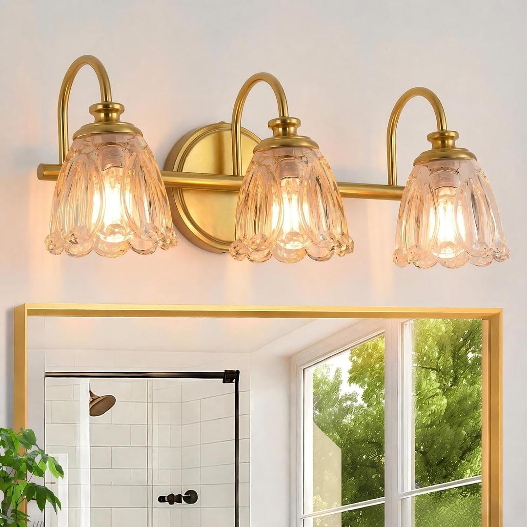 Bathroom Light Fixtures (3-Light), Vintage Brushed Gold Vanity Lights for Bathroom with Amber Tulip Crystal Glass Shade, Vanity Wall Light Over Mirror for Bedroom Living Room Hallway