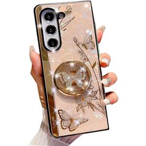Changjia for Samsung Galaxy Z Fold 6 Glitter Kickstand Case,Cute Bling Sparkle Rhinestone Butterfly with Ring Stand Marble Elegant Shockproof Phone Case for Women Girls for Galaxy Z Fold 6 5G (Gold)