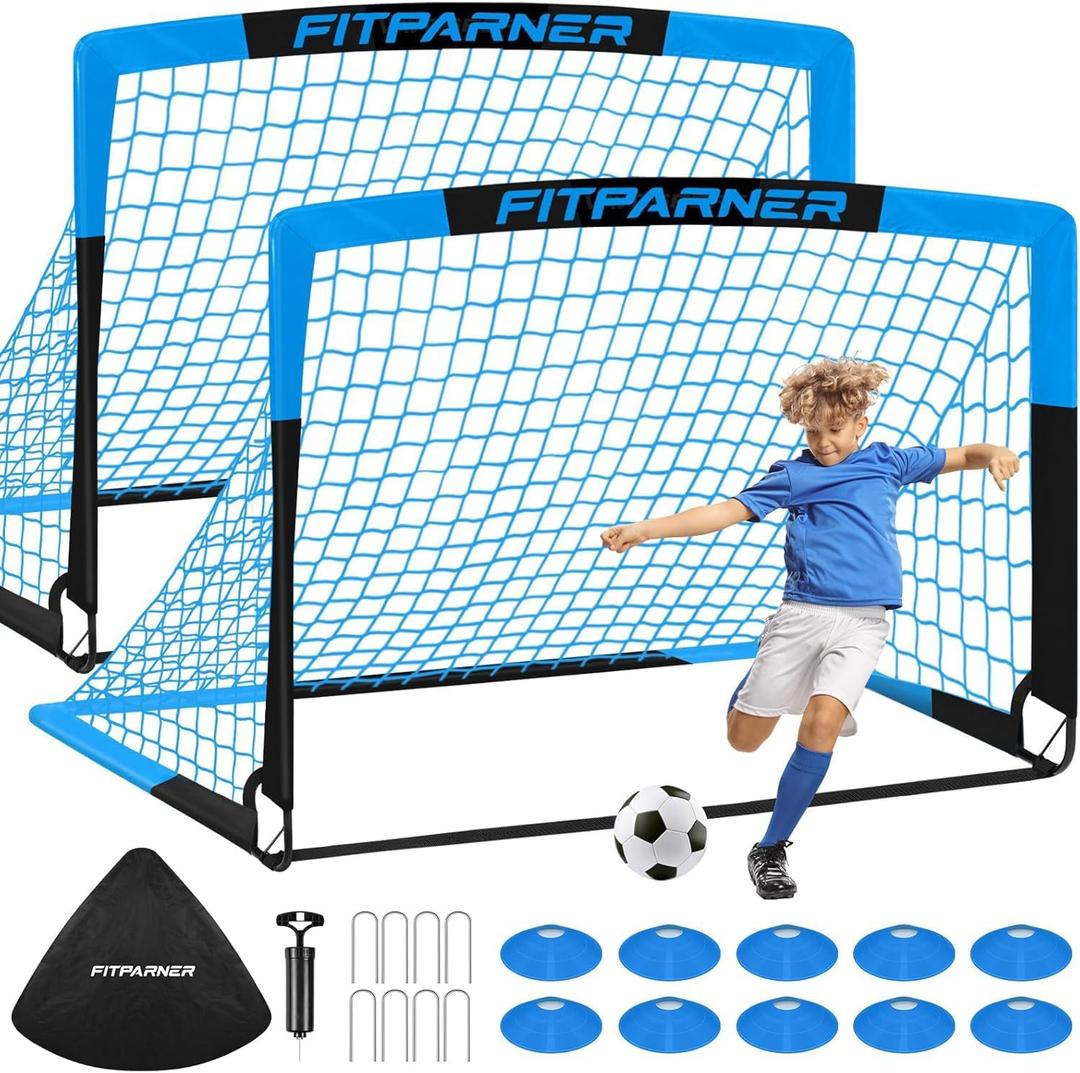 Kids Soccer Goals for Backyard Set - 2 Pack of Portable Pop Up Soccer Nets with Ball,Cones,Complete Training Equipment Kit for Toddler,Youth,Kids Age 3-14,Outdoor Sports Game (Blue Black)