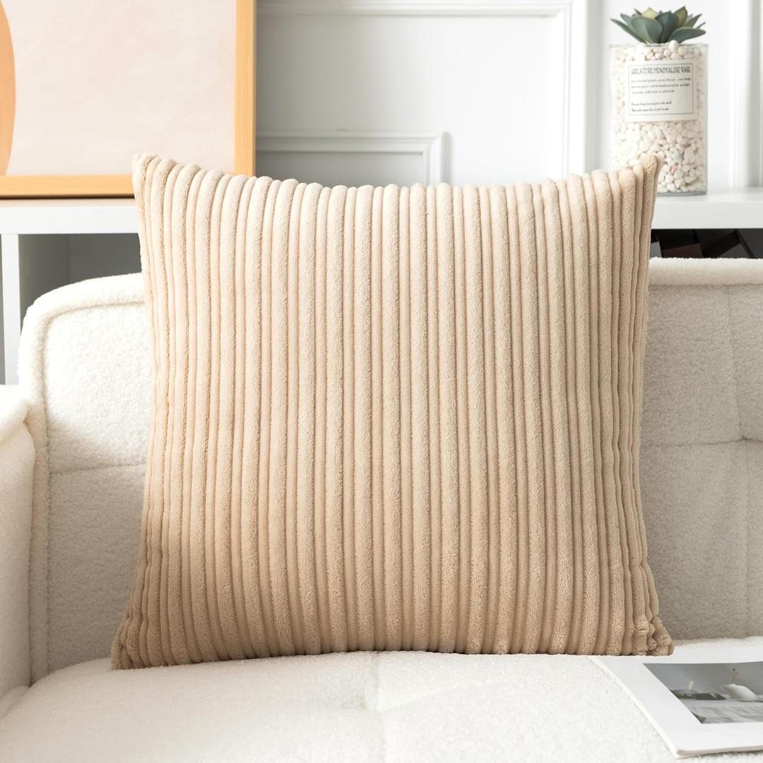 UGASA Velvet 20x20 Inch Soft Throw Pillow Cover Decorative Corduroy Striped Both Sides Solid Square Cushion Case Boho Farmhouse for Couch Bedroom Sofa Home, 1 Piece, Beige