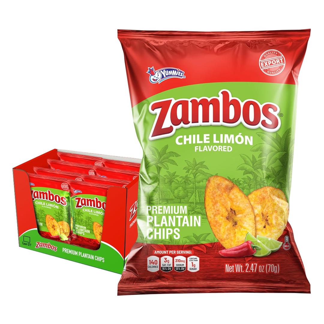 Zambos Plantain Chips Chili Limon, Crunchy Plantain Chips With Chili, Lime and Salt 2.47 oz, 8 Pack (EXP 03/16/26)