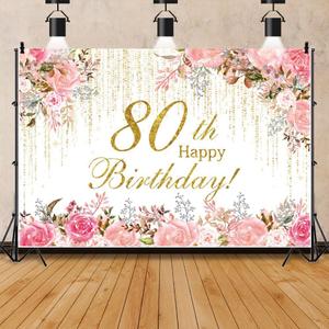 Happy 80th Birthday Backdrop Pink Watercolor Floral Golden Curtains Backdrop for Women Grandma Theme Birthday Party Decorations Banner Stylish Photography Background Studio Props 7x5ft