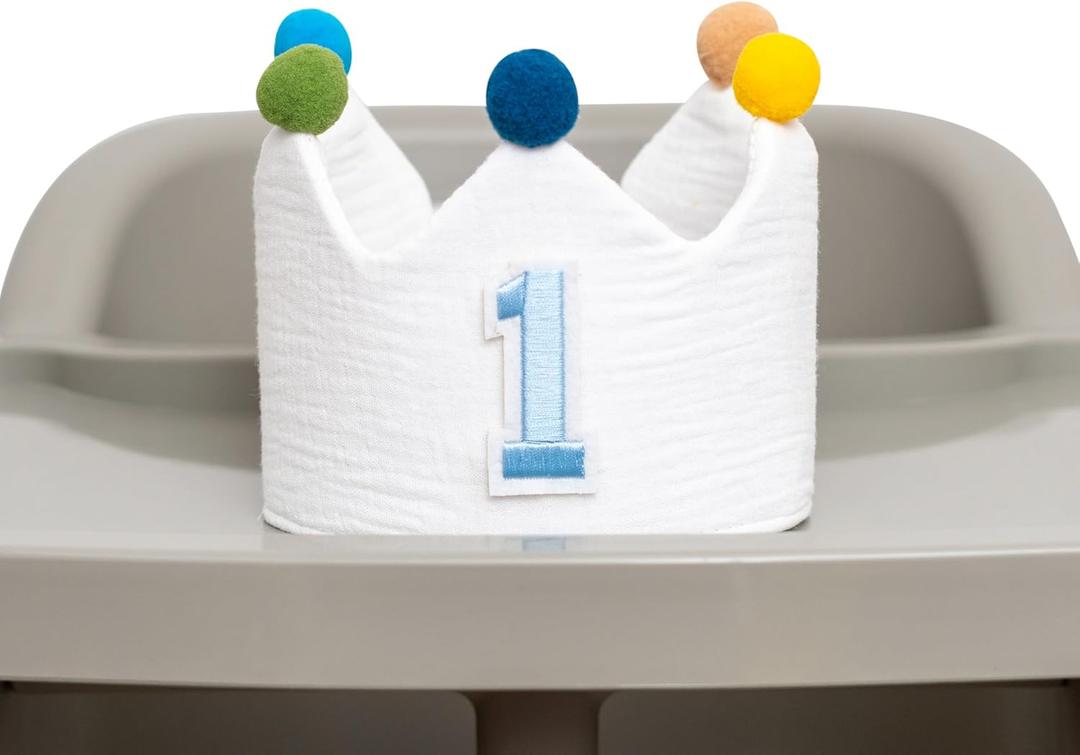 1st Birthday Crown with Number 1 Pom Poms-Baby Boy Girl First Birthday Hat for Photo Props, Smash Cake Photography, Milestone Celebration Decor (White & Blue)