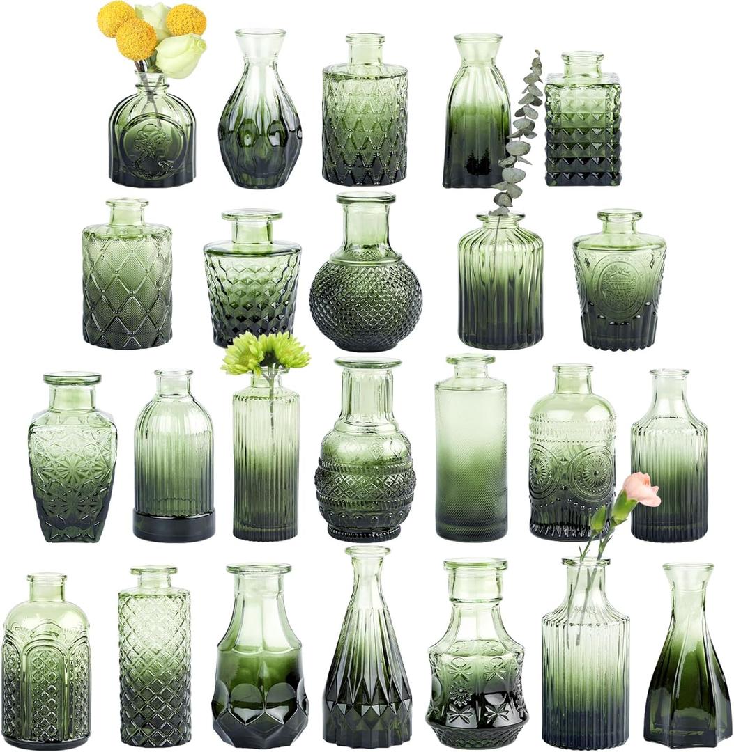 Glass Bud Vase Set of 24, Small Green Flower Vases for Centerpieces in Bulk, Mini Vintage Vase for Wedding Decor, and Home Table Dcor