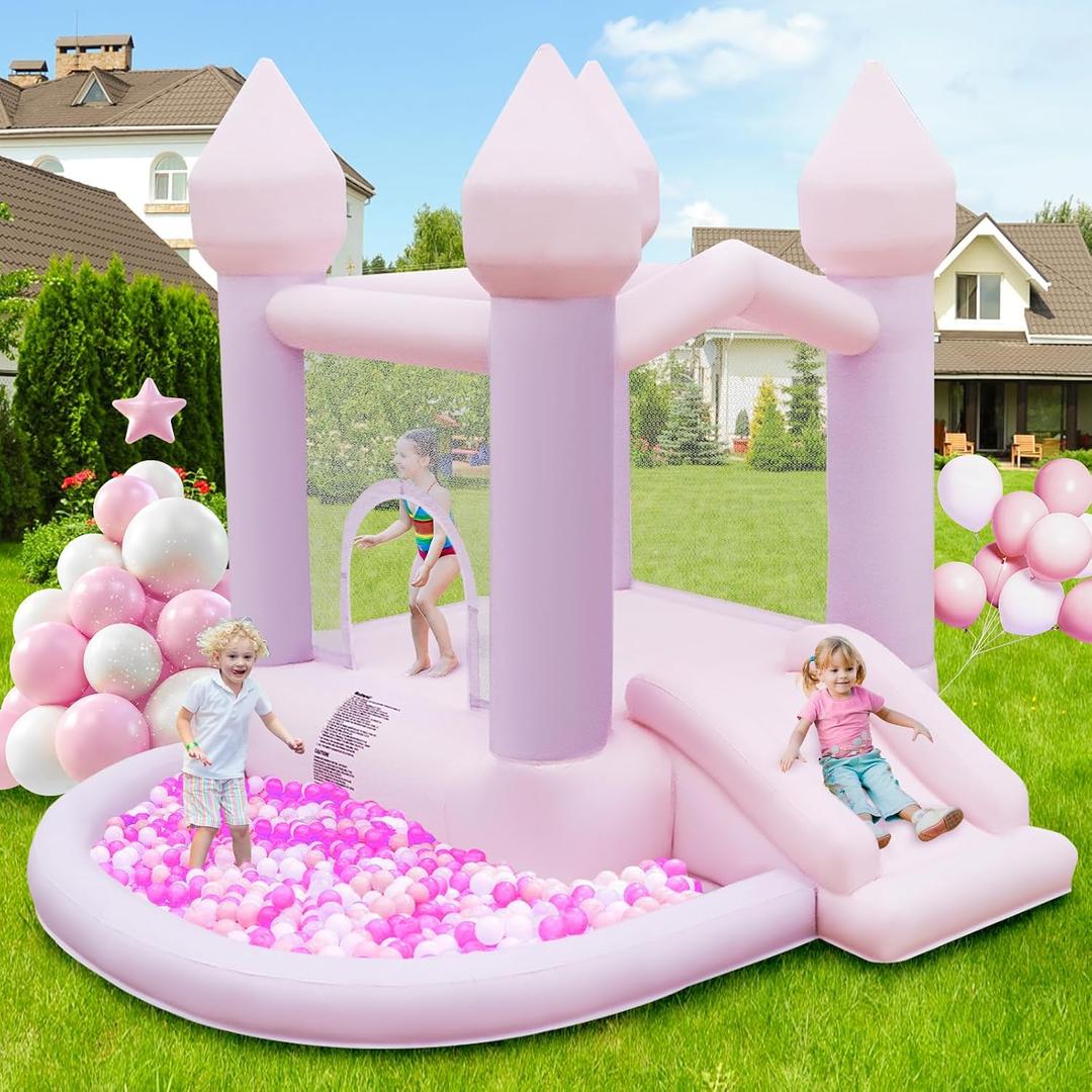 FBSPORT White Bounce House, Inflatable Bouncer with Air Blower,Indoor & Outdoor Bouncy Castle with Big Ball Pit for Wedding Party Kids Birthday Party, Easy to Install, Purple Pink