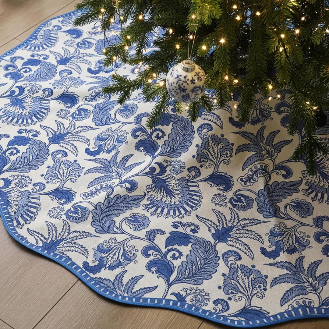 Soaoo 48 Inches Blue and White Christmas Tree Skirt Chinoiserie Floral Xmas Tree Skirt with Scalloped Edge Cotton Seasonal Holiday Decorations for Home Indoor Party Decor