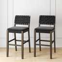 Nathan James Cohen Mid-Century Modern 29 in. Wood Bar Stool, Upholstered Faux Leather Bar Height Stool with Solid Wood Frame, Black, Set of 2