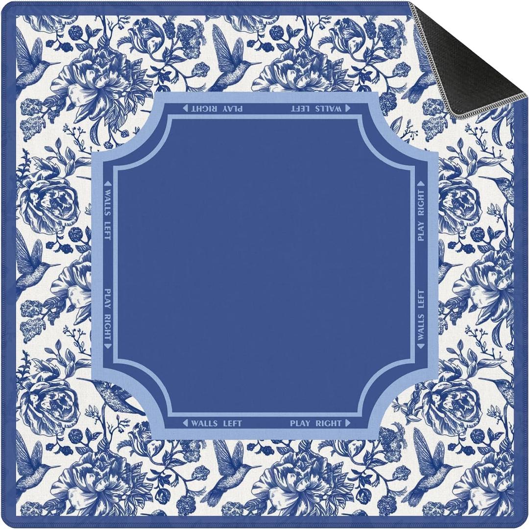 Blue Chinoiserie Floral Bird Mahjong Mat for Table(31.5" x 31.5"), Blue and White Grand Millennial Non-Slip Noise Reduction Mahjong Table Cover for Mah Jong Card Board Tile Games Poker Dominoes