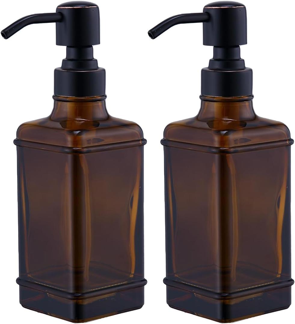 Soap Dispenser 2 Pack, Hand Soap Dispensers with 10 Oz Antique Design Thick Amber Glass Bottle, 304 Rust Proof Stainless Steel Oil Rubbed Bronze Pump, 6Pcs Stickers, for Lotion, Soap