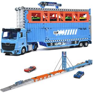 78 Inch Foldable Extended Carrier Truck Race Track Playset with Portable Storage Box 8 Die-Cast Cars, Multi-Functional Transport Truck Toys for Toddlers Ages 3-8