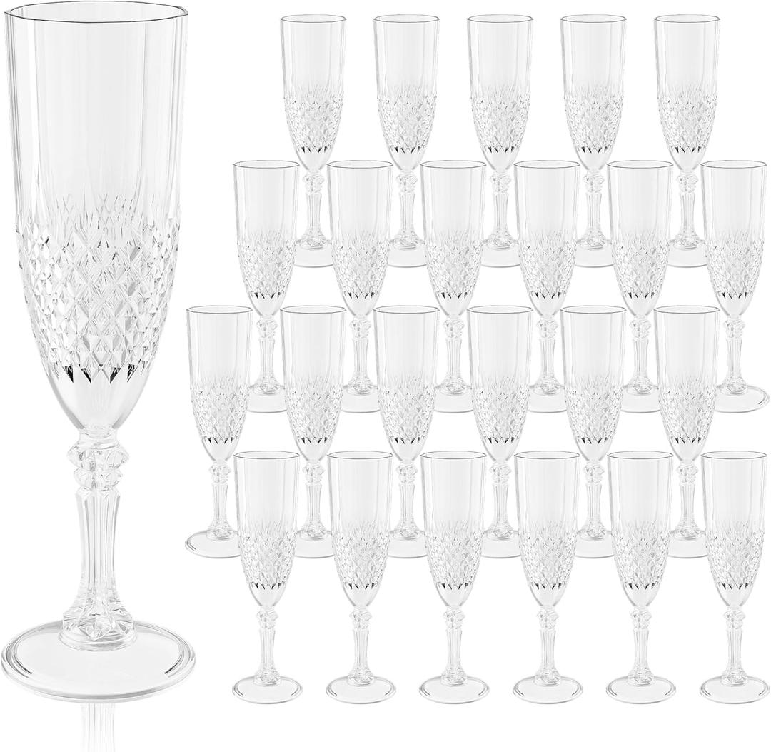 Plastic Champagne Flutes, 24PCS White Transparent Plastic Wine Glasses Goblets Shatterproof Reusable Champagne Flute for Weddings, Bachelor Parties, Toasting, and Events(24, Transparent)
