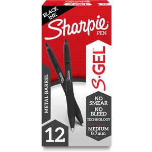Sharpie S-Gel Gel Pens Sleek Metal Barrel Matte Black Medium Point (0.7mm) Black Ink 12 Count