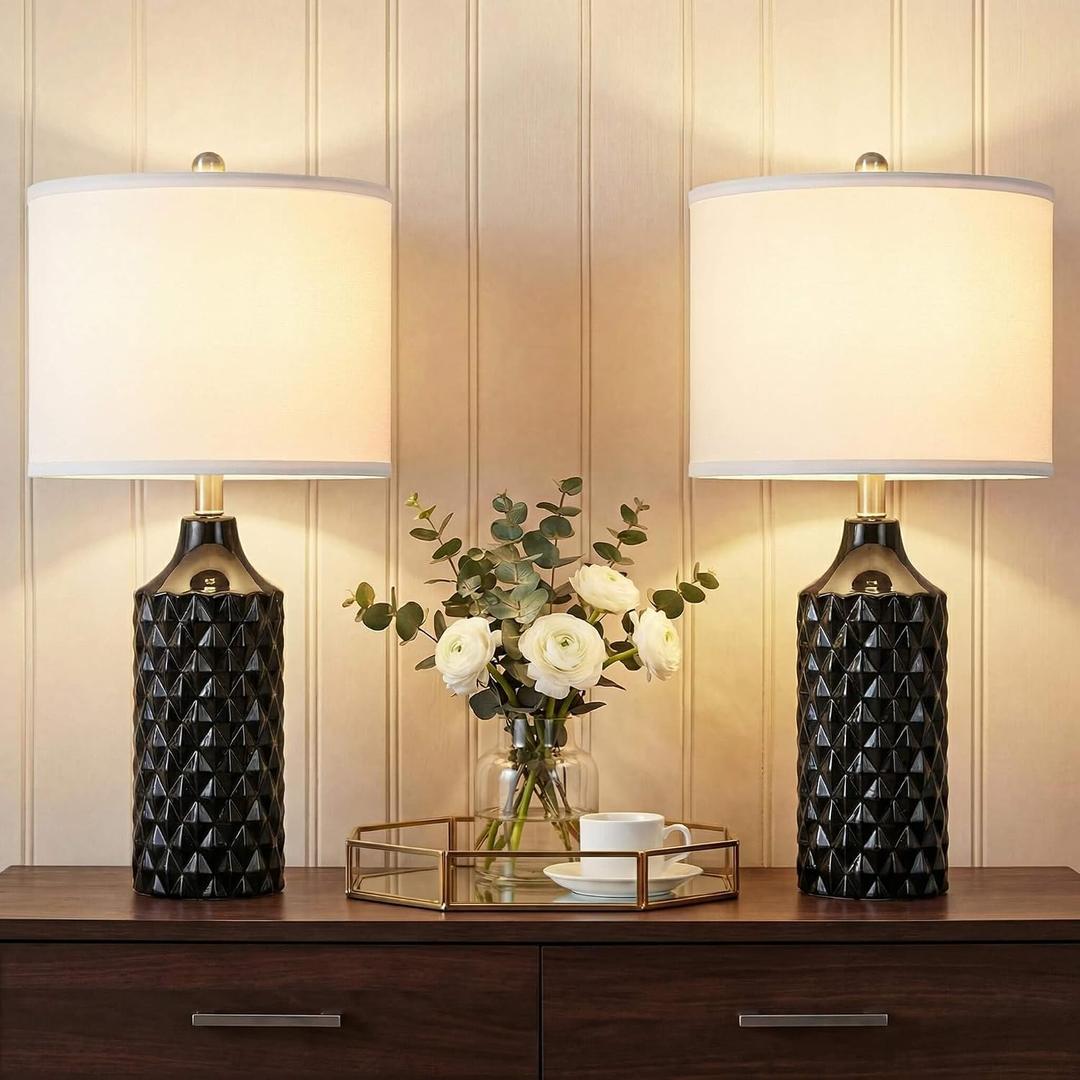 Qingmiao 25'' Ceramic Table Lamps Set of 2, 3-Way Dimmable Nightstand Lamps for Bedroom, End Table Lamps for Living Room Console Entry Farmhouse Home Decor, New House Warming Gifts