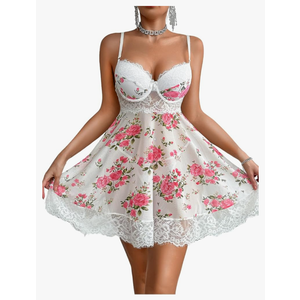 Floral Lace Babydoll Lingerie,Push Up Sheer Sexy Night Gowns For Women,Slip Dress Boudoir Wedding Honeymoon,M