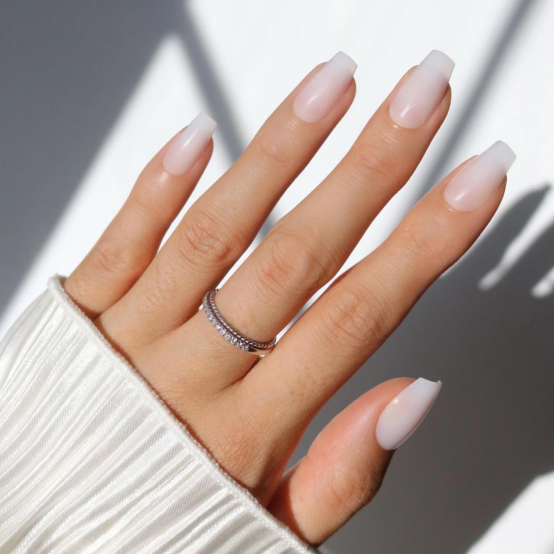Glamnetic Press On Nails - Medium Coffin Fake Nails, Milky White Nails, Oat Milk | 15 Sizes - 30 Nail Kit with Glue | Gift for Mom