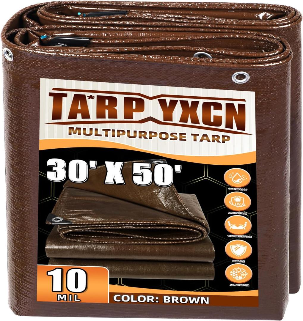 Brown Tarp 30x50 Feet, 10 Mil Thick Waterproof Poly Tarps