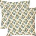 PANDICORN Block Print Throw Pillow Covers 18x18 Inch Set of 2 Green and Yellow Floral Vintage Boho Outdoor Spring Summer Decorations Decorative Throw Pillows Cases for Home Bed Living Room Couch Decor