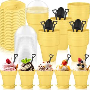 Honeydak 25 Pack Flowerpot Dessert Cup Plastic Cake Cups with Lid Shovel Spoon Mini Flower Pot Dessert Cups Ice Cream Yogurt Cupcake Holder Containers for Birthday Party Supplies DIY Baking (Yellow)