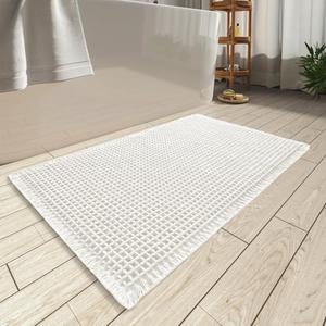 AMOAMI Upgraded Waffle Bath Mat, Super Absorbent Non Slip Bath Mats for Bathroom Floor, Machine Washable Bathroom Rugs with Tassels, Rubber Backed Bathroom Mats, Ultra Soft, 18" x 30", White