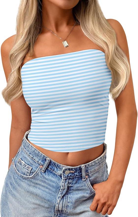 Trendy Queen Women's Y2K Tube Tops Butter Soft Non-Slip Strapless Crop Top Stretchy Bandeau Summer Clothes Blue White Stripe L