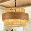 5 Lights Hand Woven Boho Rattan Drum Chandelier, 19.68" Large Round Rustic Coastal Farmhouse Chandelier Adjustable Hanging Pendant Light For Dining Room Kitchen Island Living Room Bedroom Hallway