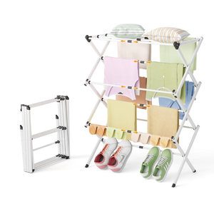 Foldable Clothes Drying Rack - 3-Tier Laundry Drying Rack, Collapsible Metal Indoor Airer, Portable X-Type Clothing Dryer with Shoe Hanger for Home & Balcony (No Assembly Required)