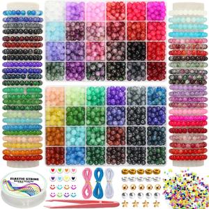 LIS HEGENSA 8MM 48Color Glass Beads for Bracelet Making Kit, 1700pcs+ Round Crystal Glass Beads Jewelry Making Kits, Bead Starter Kit for DIY Crafts,Friendship Bracelets (48Color(1700PCS))