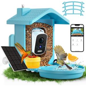 Smart Bird Feeder with Camera Solar Powered, AI Birds Species Identification, 2.5K HD Video Bird House with Camera for Outside, Weatherproof Design Ideal Gifts for Valentine's Day, Bird Lovers, Blue
