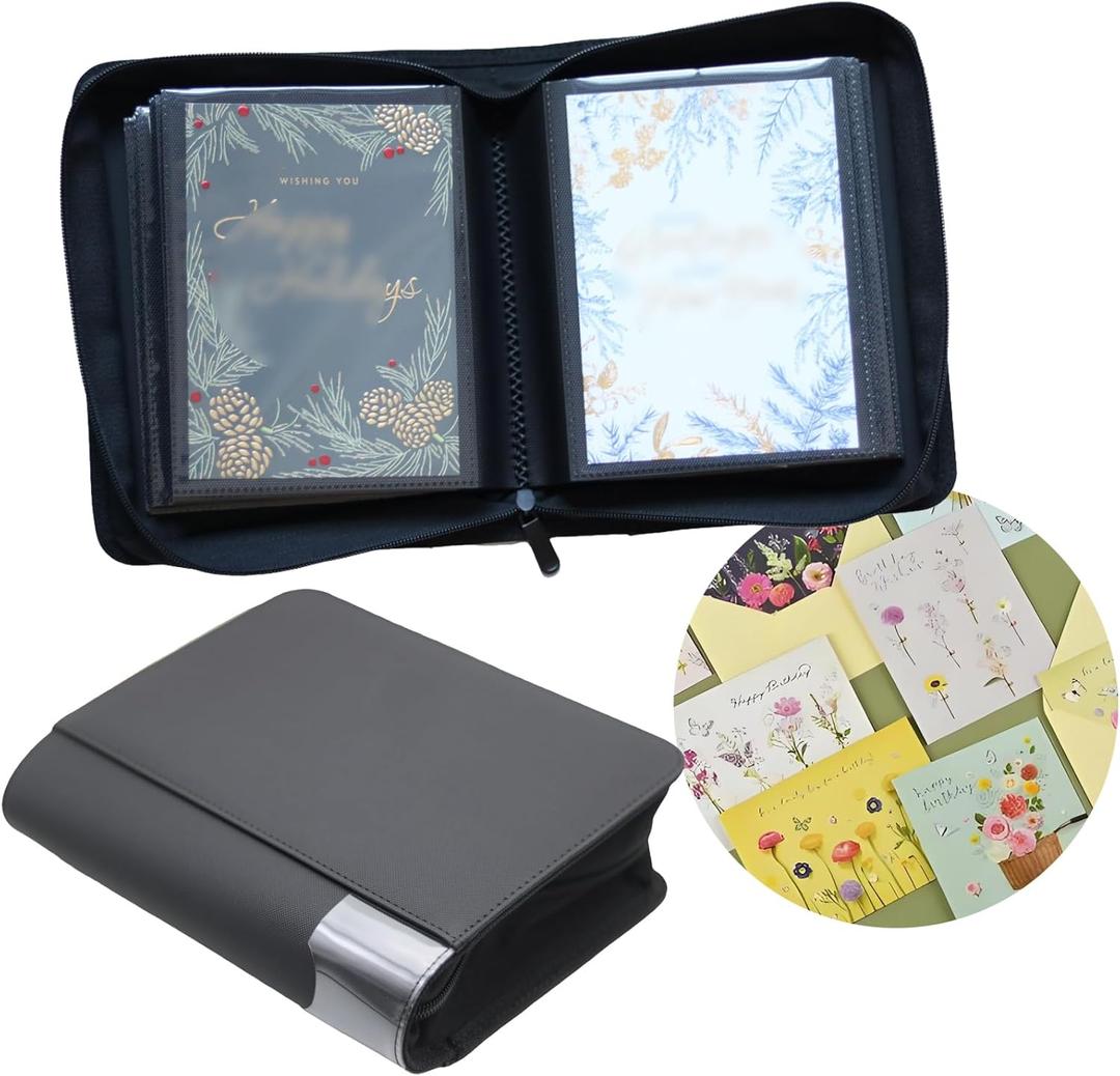 Greeting Card Binder, Greeting Card Organizer Compatible Storage and Display; 5x7 inch Birthday, Wedding,Christmas Card,Index Cards,Postcards Invitation (Black)