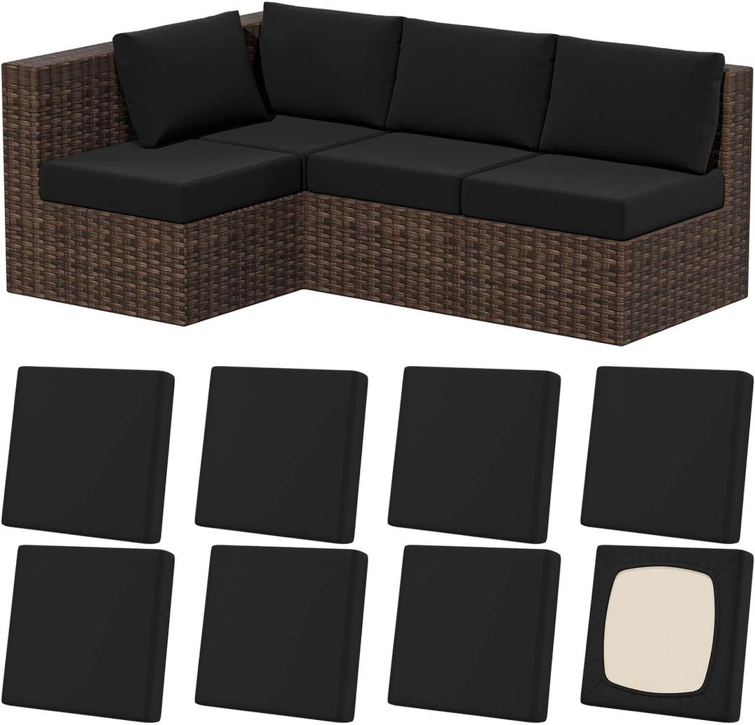 8Pcs Stretch Patio Cushion Covers, Outdoor Couch & Sofa Replacement Slipcovers for Patio Furniture Cushion Covers, Washable Reusable Furniture Protector (Square-large, Black)