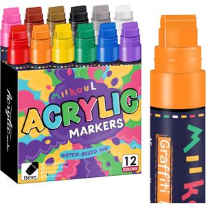 miikoul 12 Colors Jumbo Graffiti Markers, Large 15mm Felt Tip Permanent Acrylic Paint Pens Colored Markers for Rock Painting, Wood, Canvas, Glass, Plastic, Ceramics, Fabric and Outdoor Paintings