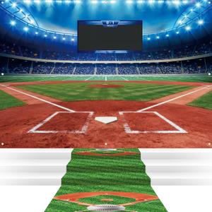 Hahafelt 2 Pcs Baseball Party Decoration Set 80'' x 60'' Baseball Field Backdrop 10 ft Ball Floor Runners Sports Themed Birthday Party Background Ball Field Rug Sports Wall Photo Prop Sign Lawn Supply