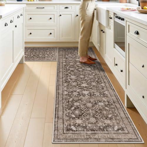 Ileading Kitchen Rugs Sets of 2 Non Slip, Washable Kitchen Mats for Floor with Rubber Bottom, Farmhouse Kitchen Carpet Runner Set for Office, Sink, Laundry, Taupe Brown