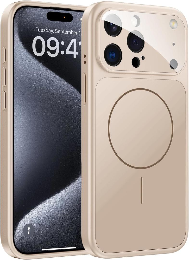 TOBOVON for iPhone 15 Pro Case with Camera Lens Protector, Compatible with MagSafe, Slim Matte Magnetic Shockproof Phone Cover for iPhone15 Pro, Gold