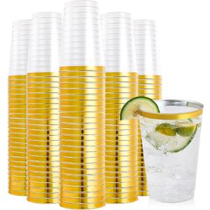 FOCUSLINE 200 Pack 12 oz Gold Rimmed Plastic Cups, Clear Plastic Cups Tumblers, Heavy-duty & Fancy Disposable Hard Cup 12 Ounce with Gold Rim for Wedding Cup Elegant Party Cups, 200 Count