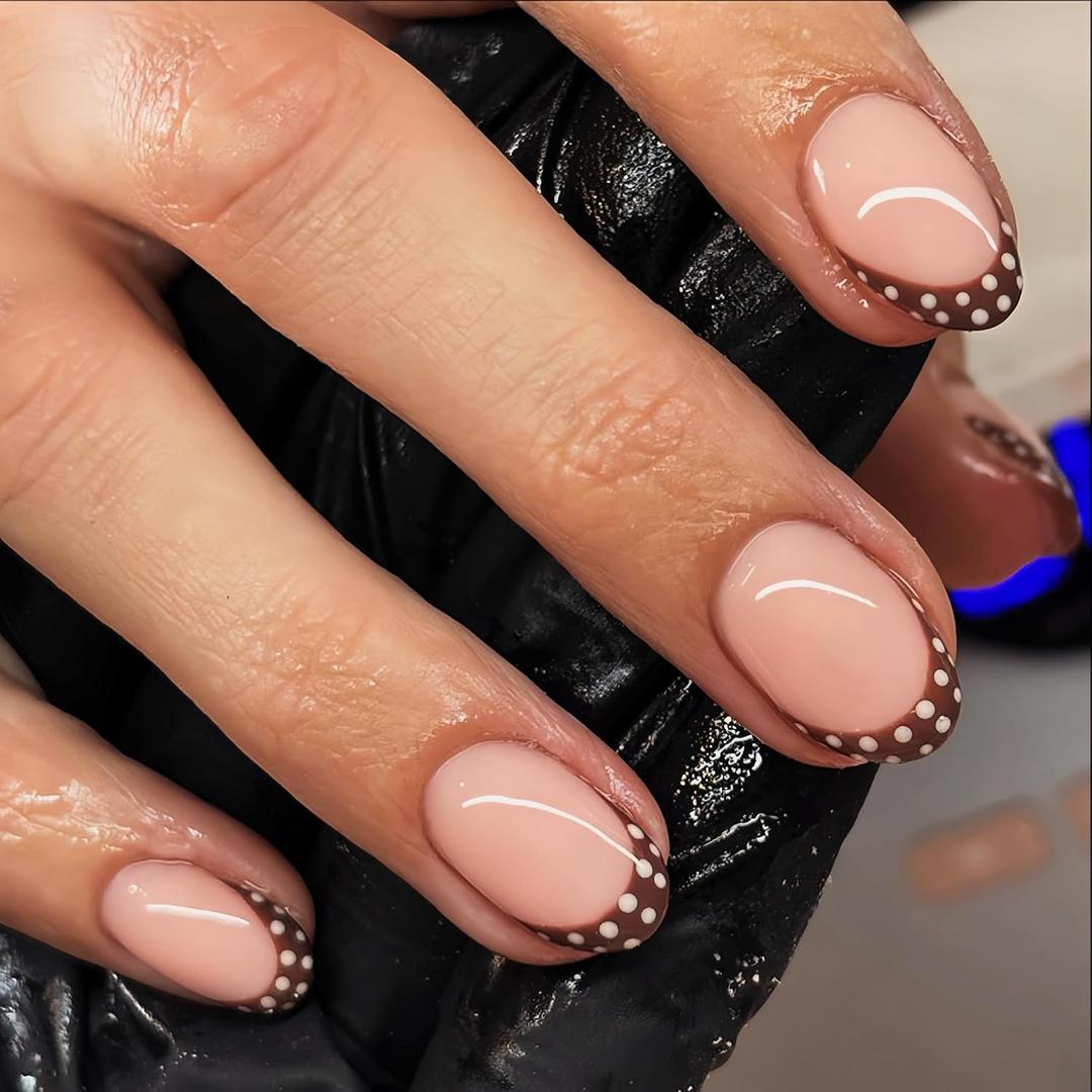 SXVME Polka Dot Press On Nails Short, Brown French Tip Press On Nails Oval, Fake Nails with Designs, Cute White Polka Dot Nail Press ons Round, Reusable Soft Gel Glue On Nails for Women, 24 Pcs