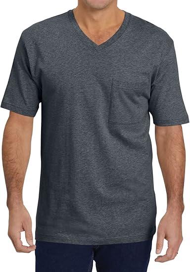 Mens Short Sleeve Pocket T-Shirts Casual Summer Cotton V Neck Tee Tops XL Dark Grey
