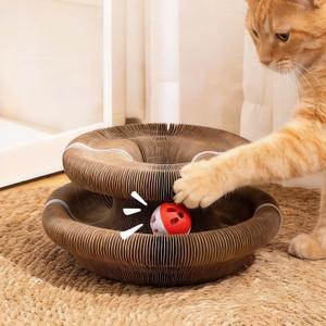 2 x Kitty Kurls Cat Scratcher, Foldable Accordion Scratching Board with Bell Ball, Recycled Magic Organ Cardboard Interactive Scratch Pad, Reversible Infinity Toy for Indoor Cats