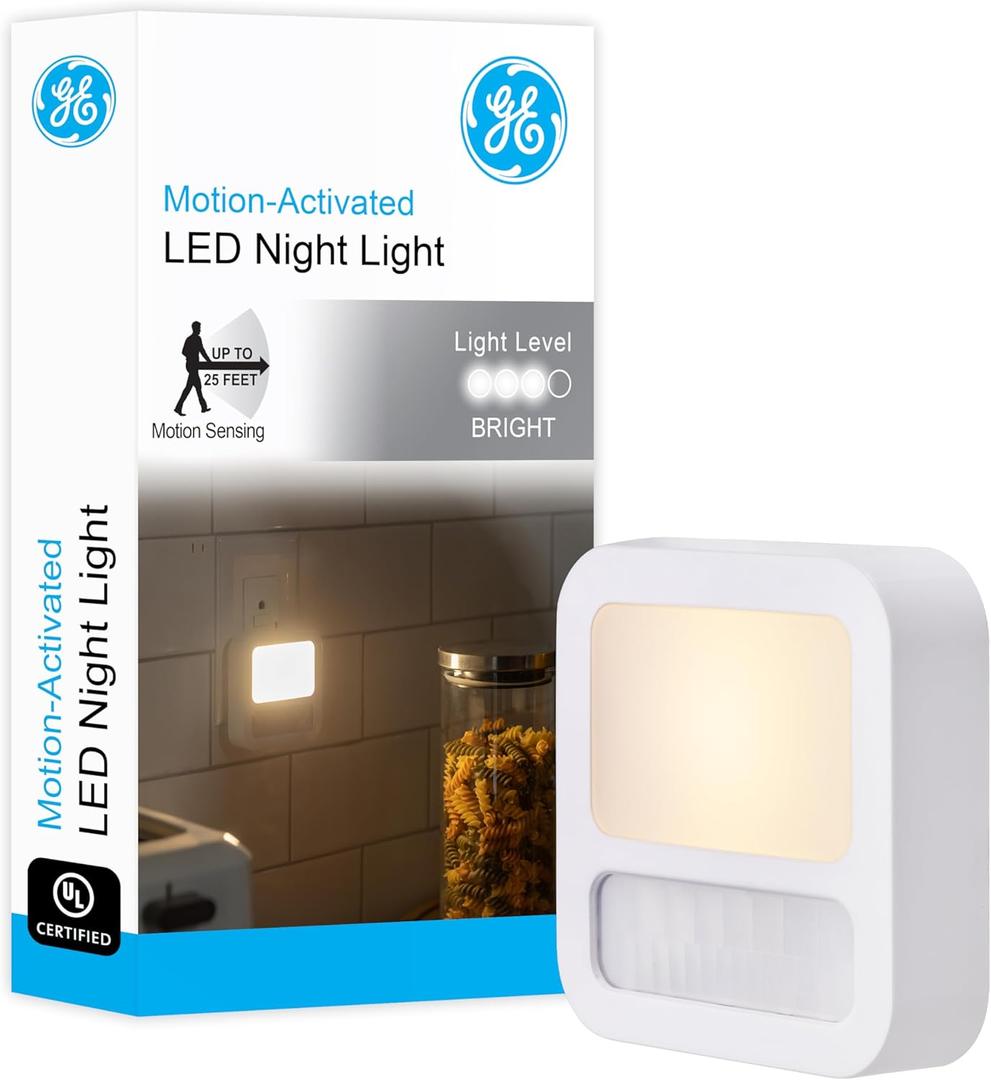 GE LED Motion Sensor Night Light, Plug-In, Dusk-to-Dawn Sensor, 20 Lumens, Soft White, Ideal for Bedroom, Bathroom, Kitchen, or Hallway  40865 (1 Pack)