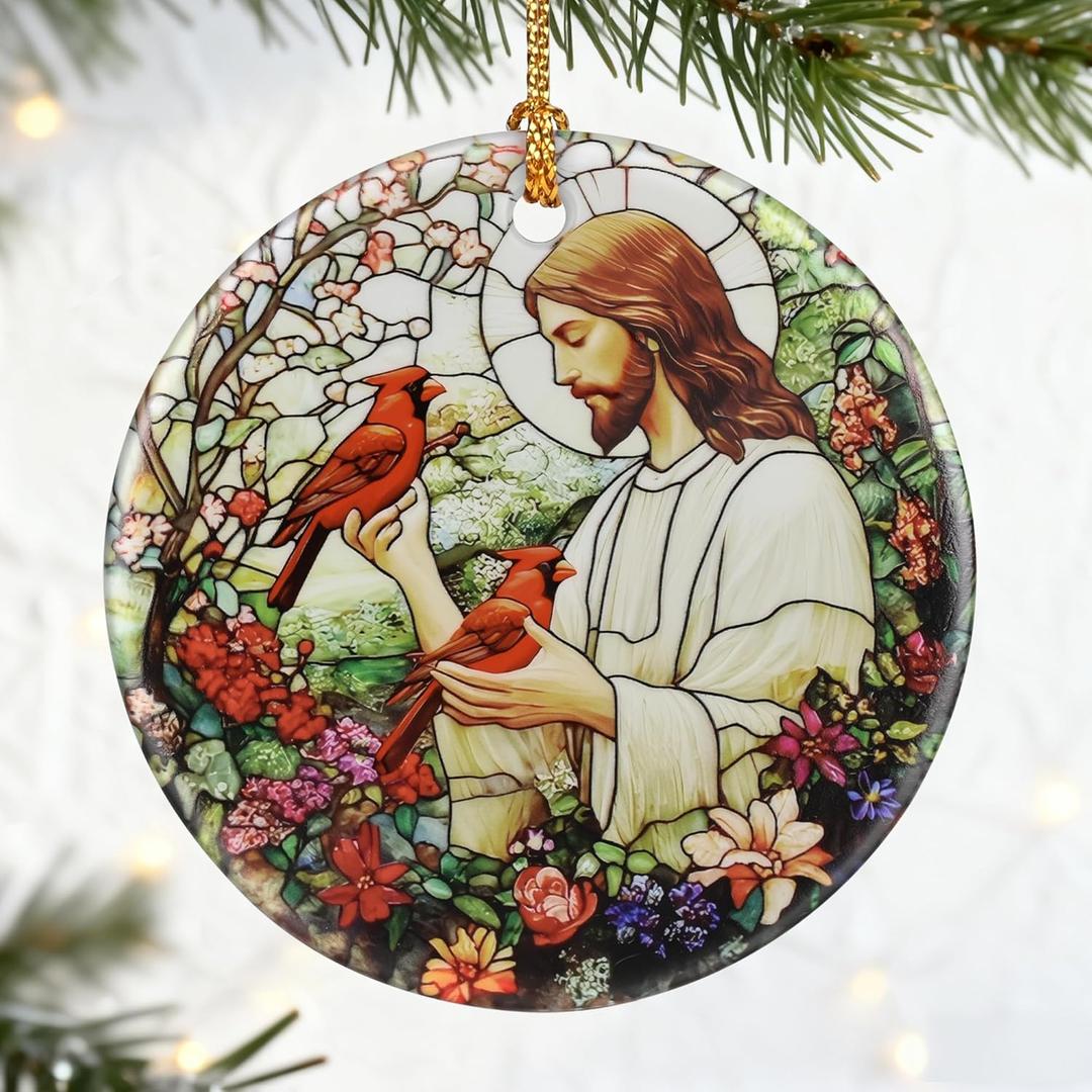 Christian Gift: Jesus with Cardinals Ornament | Christian Christmas Ornaments (Christmas Tree Ornaments), Religious Holiday Decor, Jesus Christ Decoration, Religious Gifts & Xmas Gifts