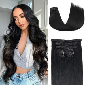 Clip in Hair Extensions Real Human Hair, Silky Straight Real Remy Human Hair Extensions Clip ins, Black Clip in Extensions for Women, 20inch 120g 7Pcs, 1# Jet Black