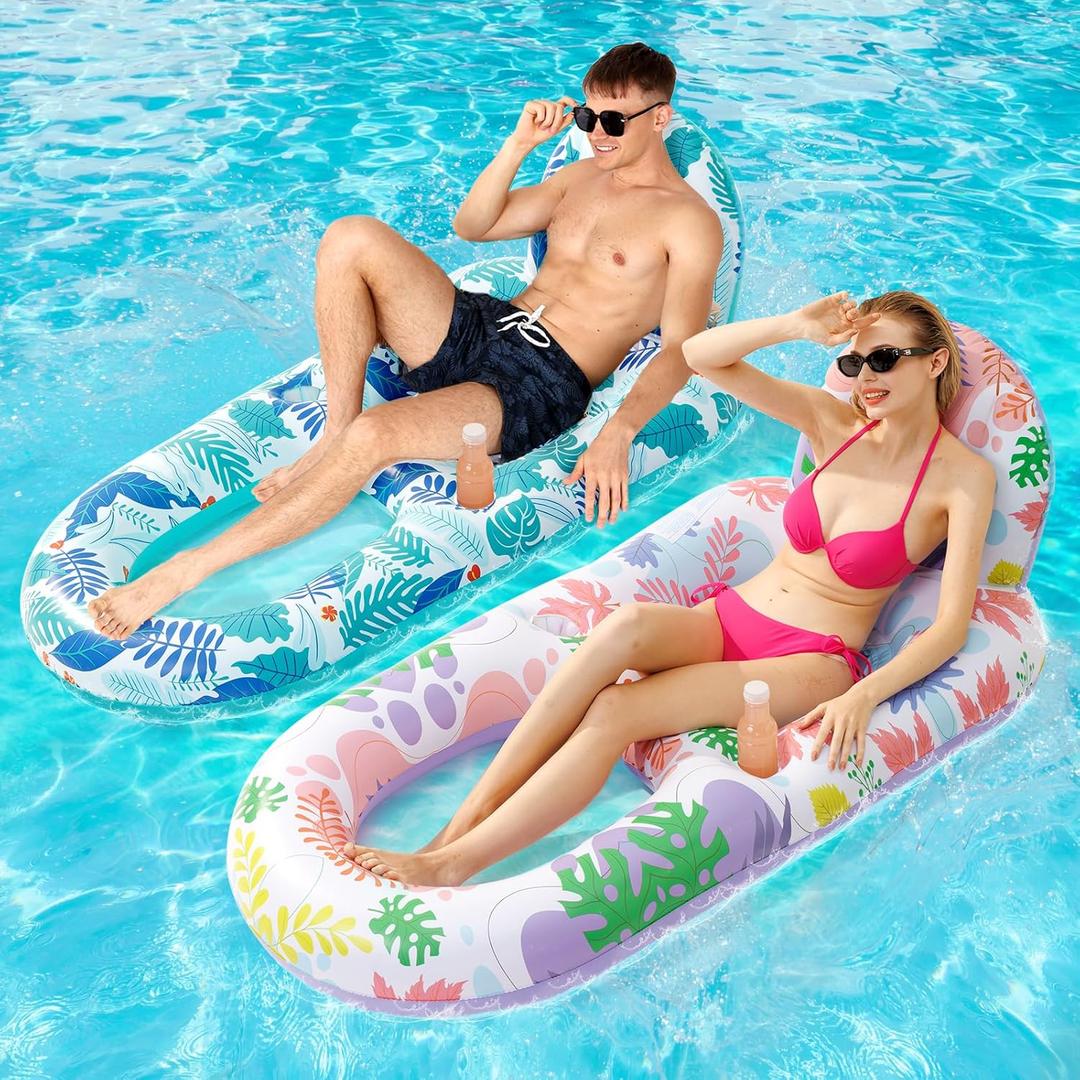 2 Pack Pool Floats Adult Heavy Duty-Adult Pool Float Lounger with Cup Holders, Backrest & Footrest Pool Lounge Float Pool Floaties Rafts for Beach Lake Party(Pink, Blue)