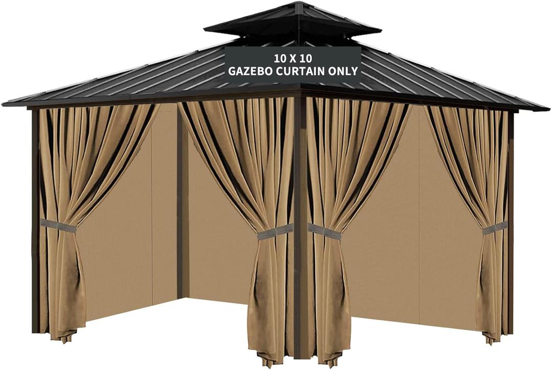 Gazebo Universal Replacement Privacy Curtain, 10'X10' Gazebo Curtain Outdoor Waterproof, 4-Panels Sidewall Curtains with Zipper for Patio, Garden and Backyard (Only Curtains, 10'x10', Brown) (Beige)
