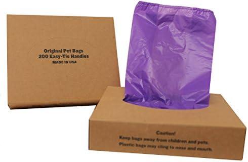 Originalpetbags 200 Black Easy Open & Easy-tie Handle 15" Strong Leak- Proof Poop Bags, Dog Waste Bags Made in USA (not on rolls) (Purple)