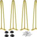 Osring 28 Inch Hairpin Table Legs with 1/2 Dia 3-Rods, Metal Furniture Legs for Coffee Table and Console Table, Mid-Century Gold Hairpin Feet with Floor Protector, 4 Pack